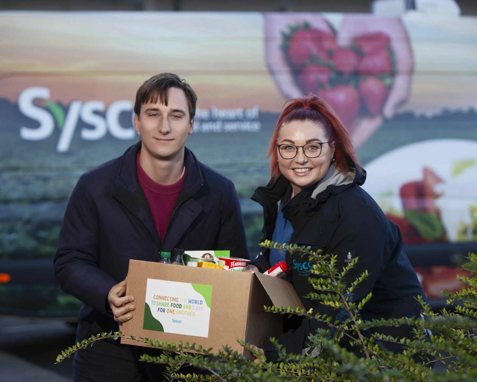 Pictured at the launch of Sysco’s annual Purpose Month initiative are Allen Bobinac, Tiglin at The Lighthouse and Joanne Oldak, Warehouse team leader, Sysco Ireland. Sysco Ireland have partnered with 35 charities to roll out Purpose Month across the island of Ireland, delivering 2,500 food boxes to families in need.